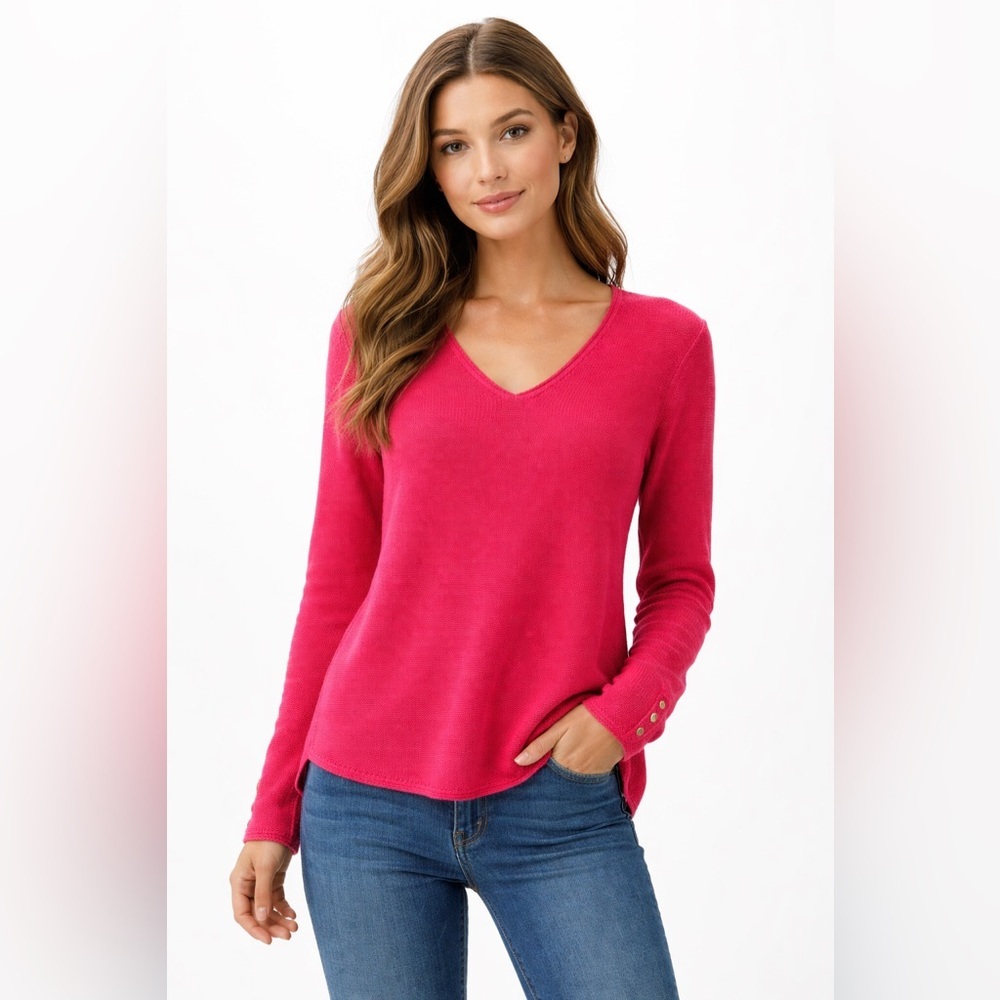 J. McLaughlin Pink Knit V-Neck Sweater XS | Button Cuff Detail